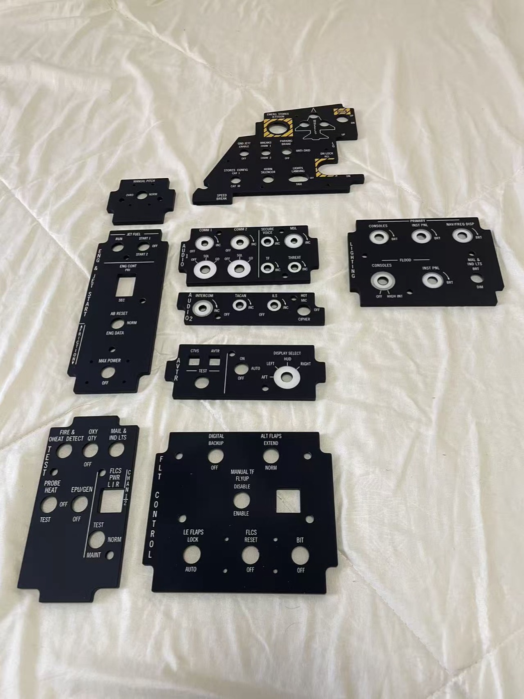 A set of F-16 simulator cockpit panel samples made by Union Avionics